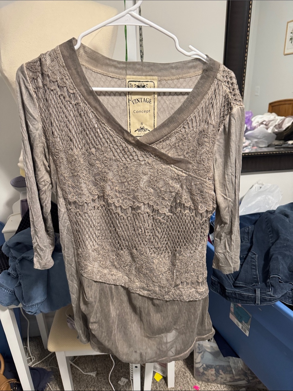 Vintage Taupe Lace & Knit V-Neck Long Sleeve Top